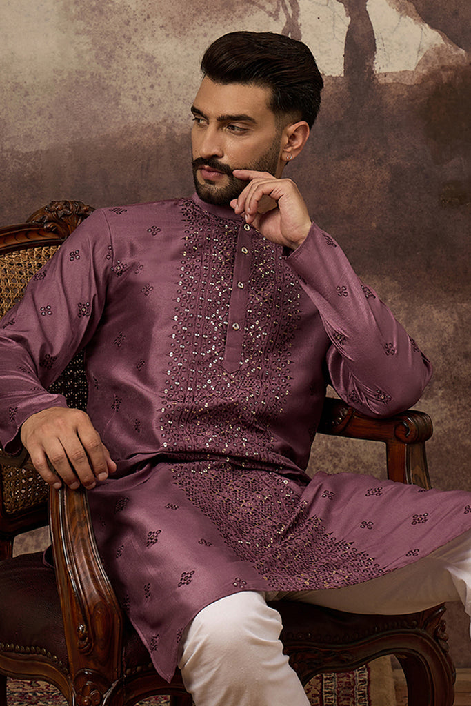Mauve Silk Blend Embroidered Sequins Straight Kurta with Trouser MKSET1368