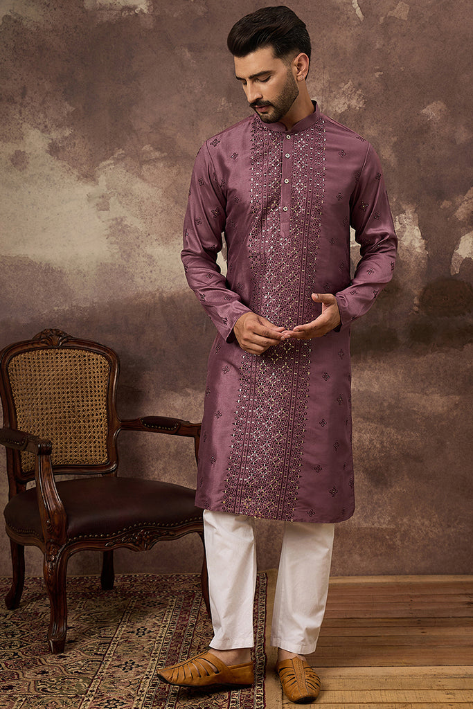 Mauve Silk Blend Embroidered Sequins Straight Kurta with Trouser MKSET1368