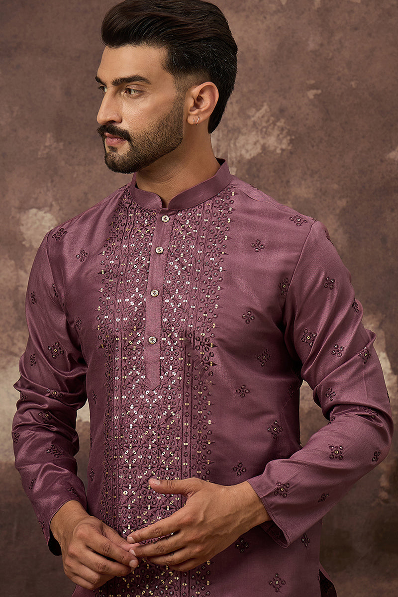 Mauve Silk Blend Embroidered Sequins Straight Kurta with Trouser MKSET1368