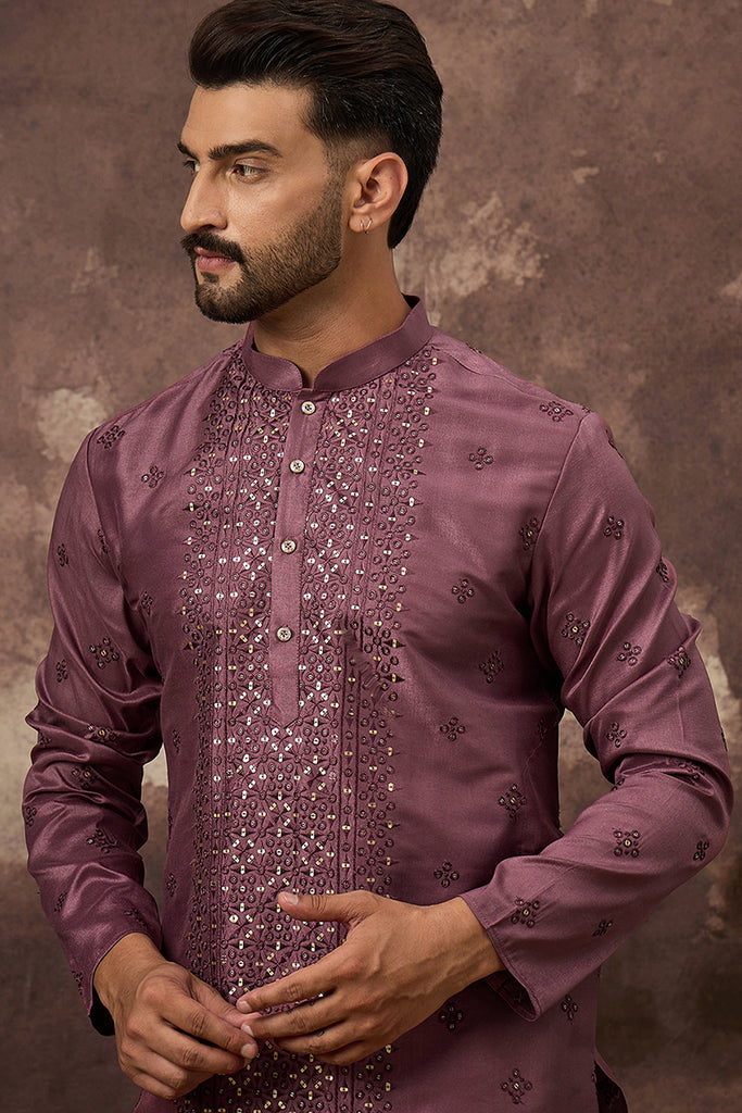 Mauve Silk Blend Embroidered Sequins Straight Kurta with Trouser MKSET1368