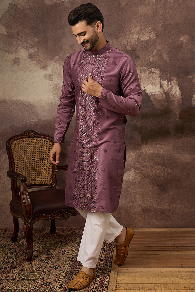 Mauve Silk Blend Embroidered Sequins Straight Kurta with Trouser MKSET1368