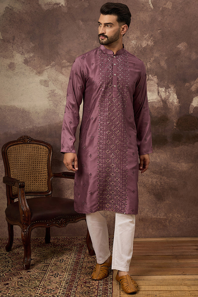 Mauve Silk Blend Embroidered Sequins Straight Kurta with Trouser MKSET1368