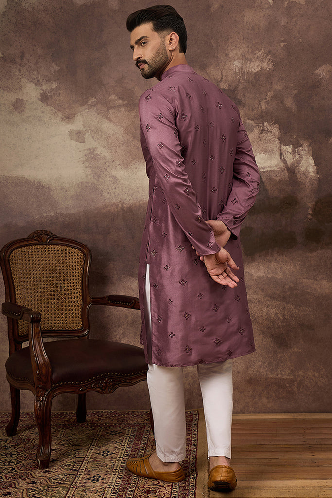 Mauve Silk Blend Embroidered Sequins Straight Kurta with Trouser MKSET1368
