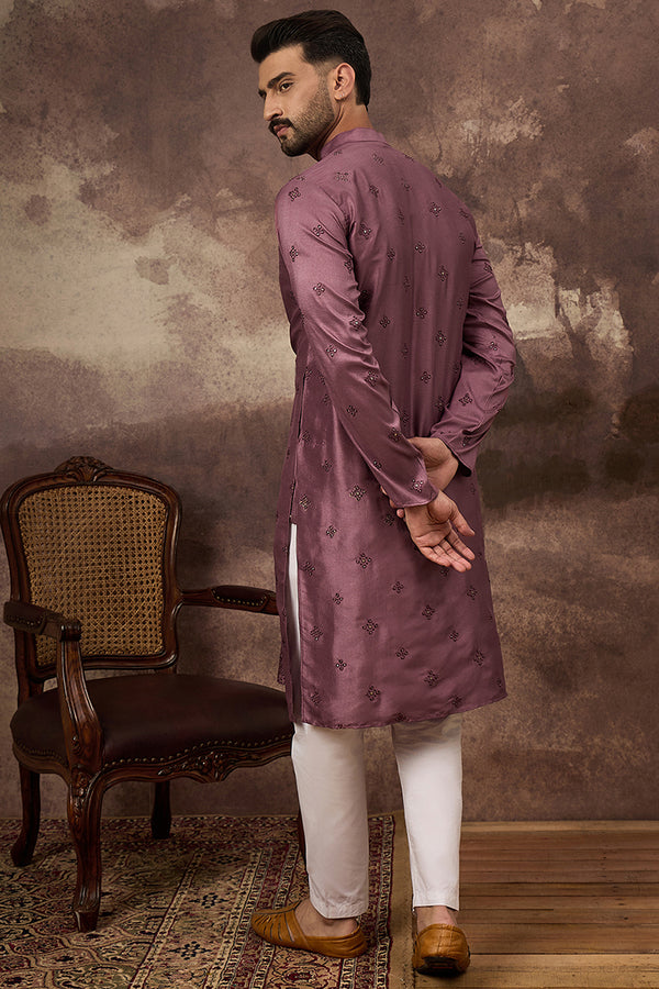 Mauve Silk Blend Embroidered Sequins Straight Kurta with Trouser MKSET1368