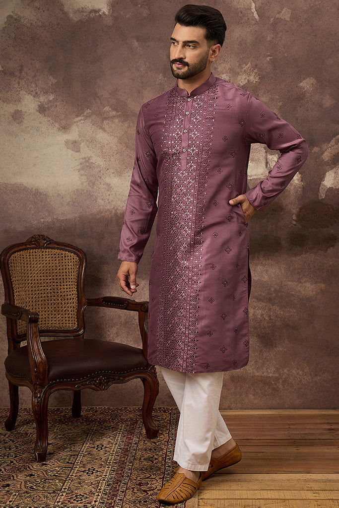 Mauve Silk Blend Embroidered Sequins Straight Kurta with Trouser MKSET1368