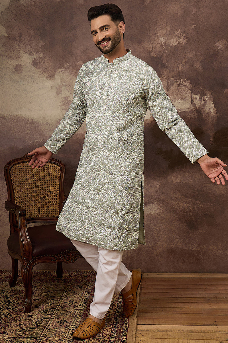 Green Viscose Rayon Solid Embroidered Straight Kurta with Trouser MKSET1386