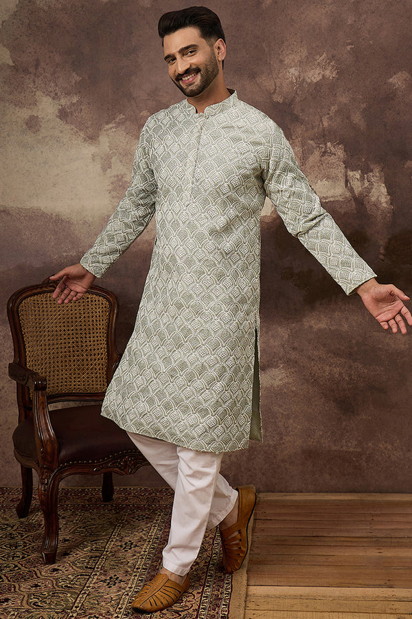 Green Viscose Rayon Solid Embroidered Straight Kurta with Trouser MKSET1386