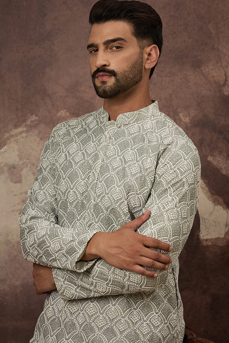 Green Viscose Rayon Solid Embroidered Straight Kurta with Trouser MKSET1386