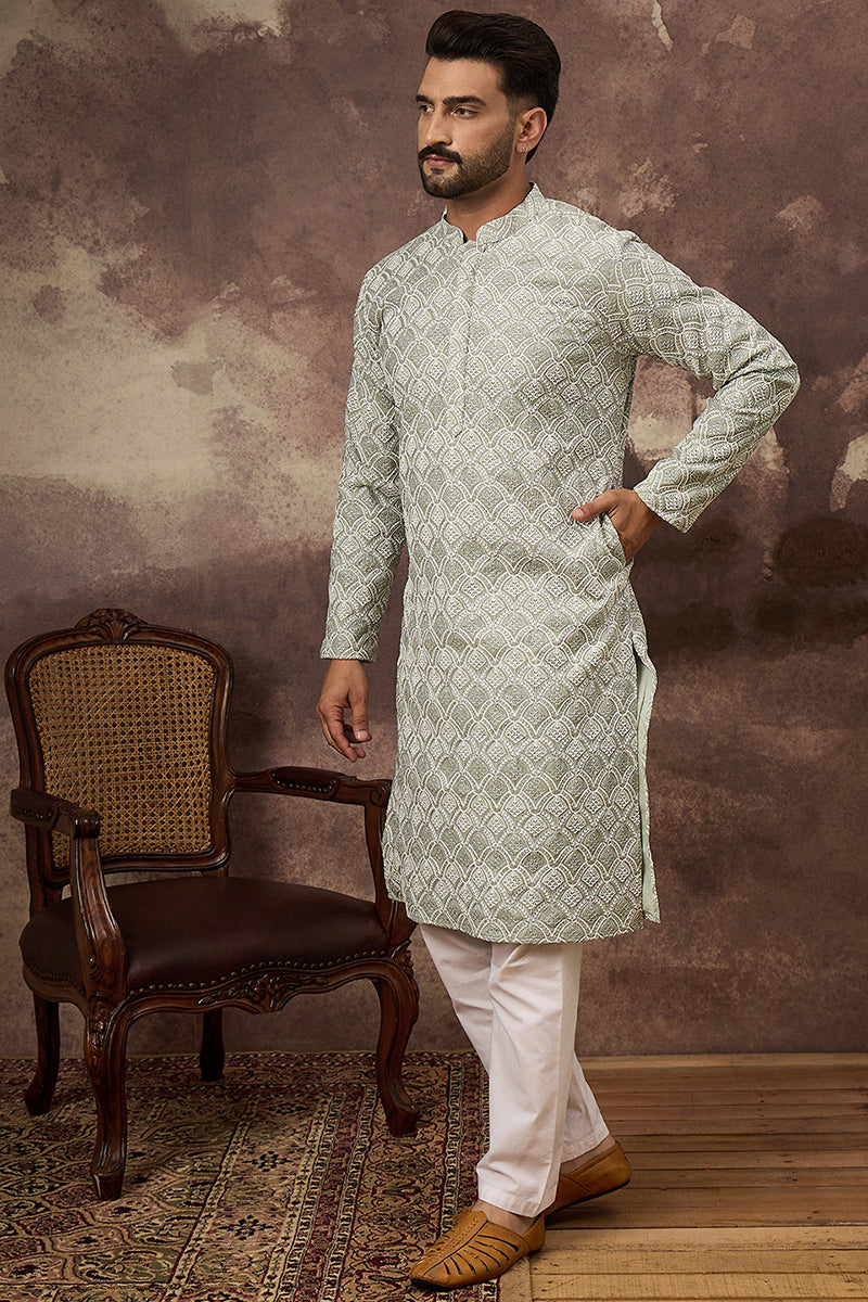 Green Viscose Rayon Solid Embroidered Straight Kurta with Trouser MKSET1386