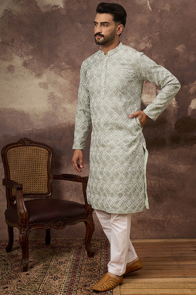 Green Viscose Rayon Solid Embroidered Straight Kurta with Trouser MKSET1386