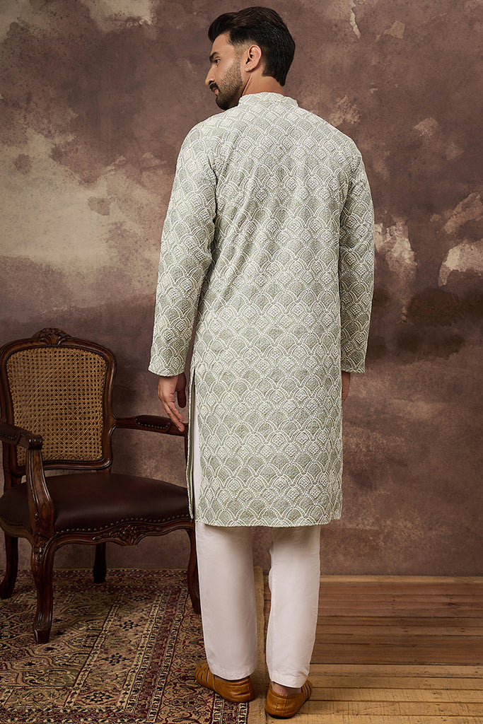 Green Viscose Rayon Solid Embroidered Straight Kurta with Trouser MKSET1386
