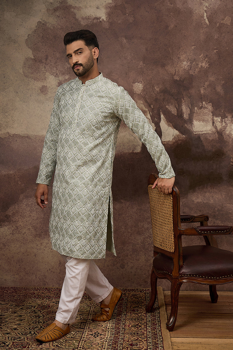 Green Viscose Rayon Solid Embroidered Straight Kurta with Trouser MKSET1386