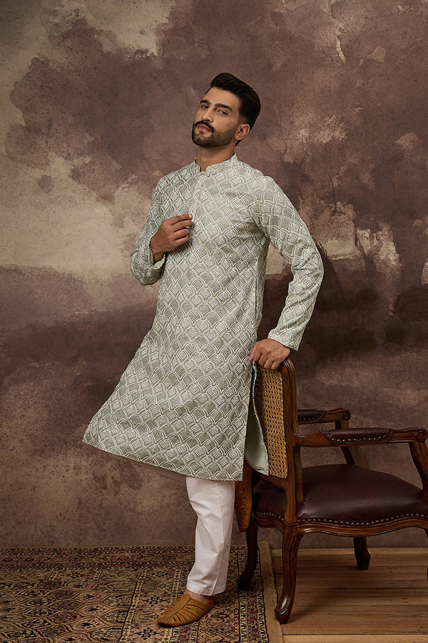 Green Viscose Rayon Solid Embroidered Straight Kurta with Trouser MKSET1386
