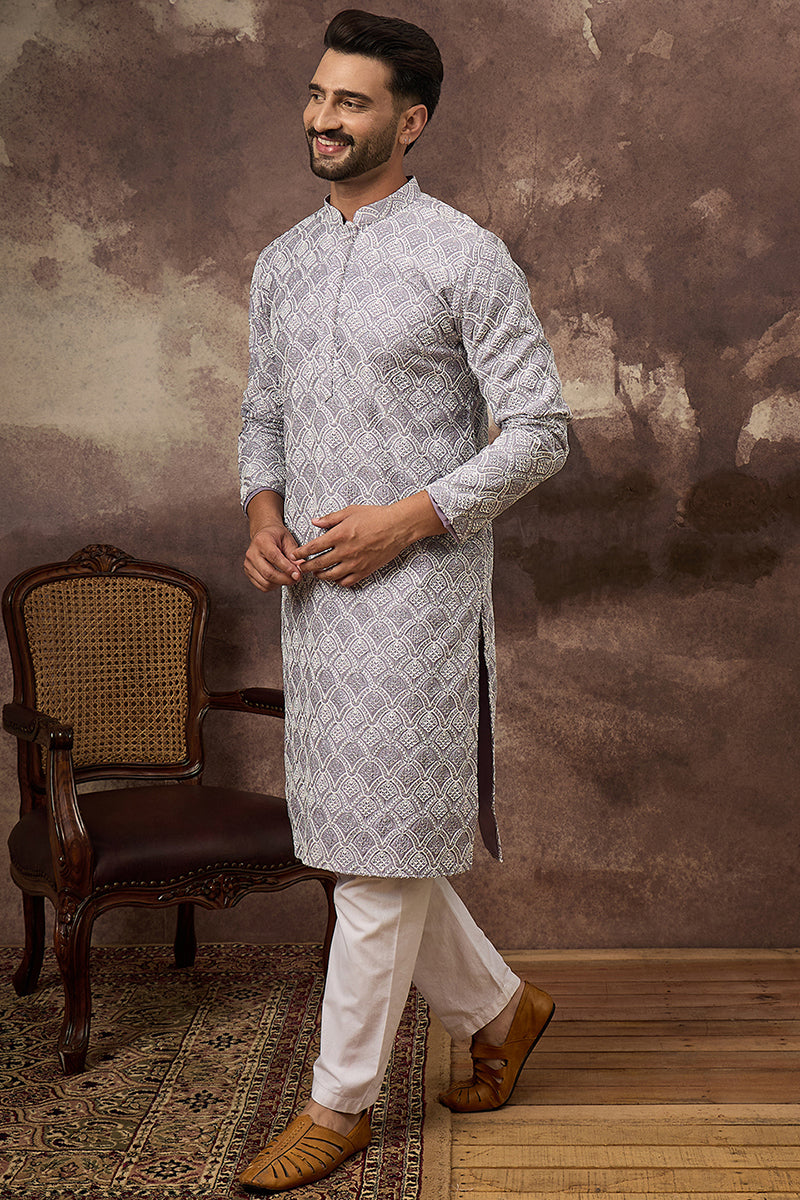 Lavender Viscose Rayon Solid Embroidered Straight Kurta with Trouser MKSET1387