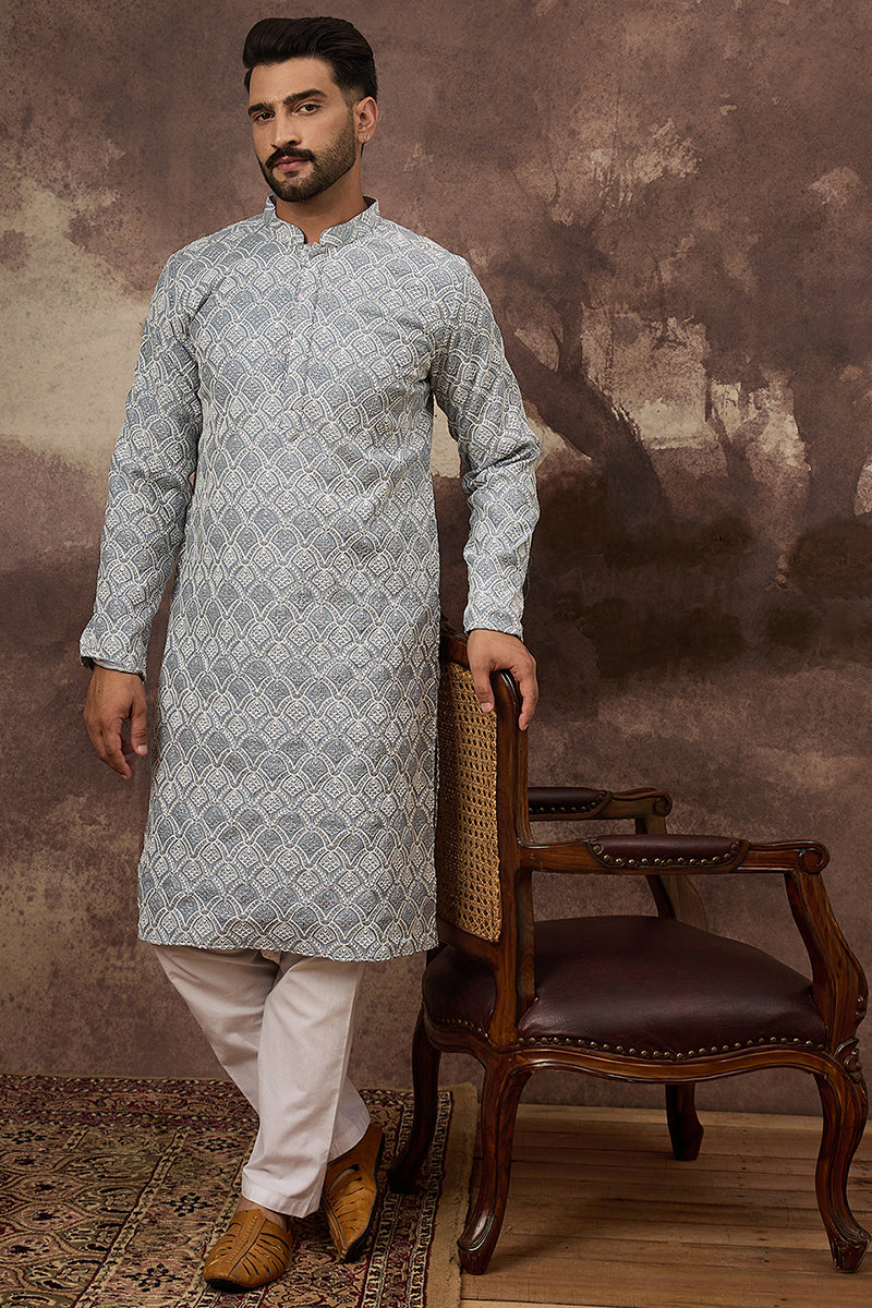 Blue Viscose Rayon Solid Embroidered Straight Kurta with Trouser MKSET1388