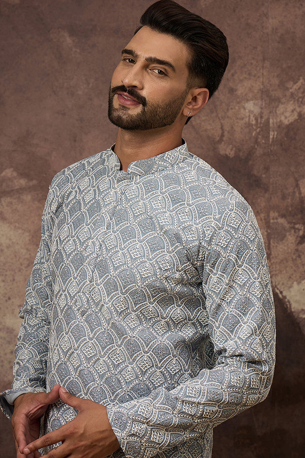 Blue Viscose Rayon Solid Embroidered Straight Kurta with Trouser MKSET1388