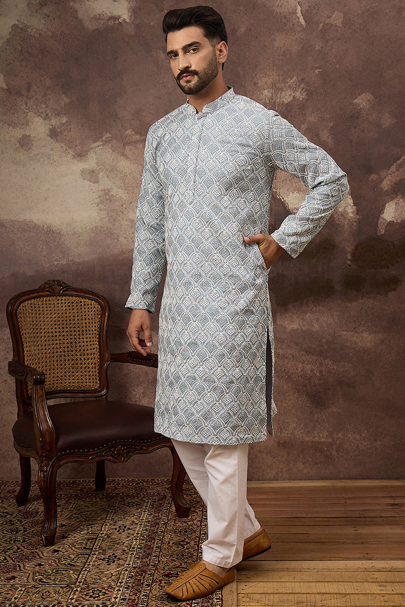 Blue Viscose Rayon Solid Embroidered Straight Kurta with Trouser MKSET1388