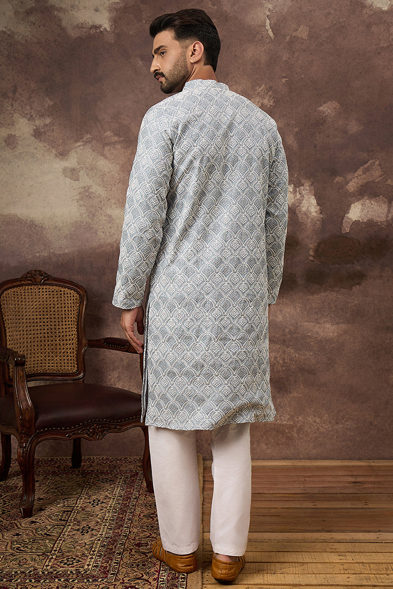 Blue Viscose Rayon Solid Embroidered Straight Kurta with Trouser MKSET1388