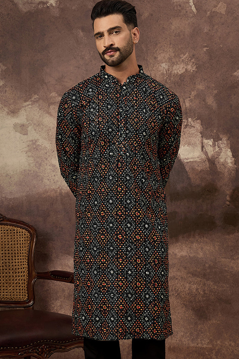 Black Viscose Rayon Bandhani Embroidered Straight Kurta With Pant Set MKSET1402