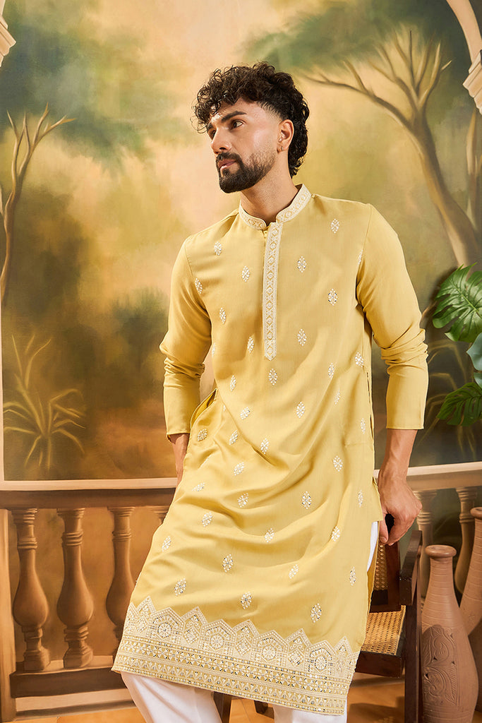 Yellow Silk Blend Solid Embroidered Straight Kurta with Trouser MKSET1434