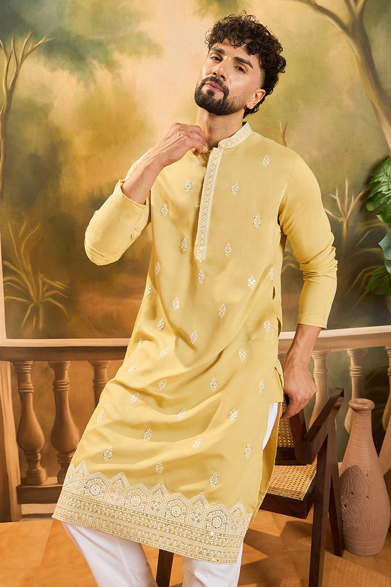 Yellow Silk Blend Solid Embroidered Straight Kurta with Trouser MKSET1434
