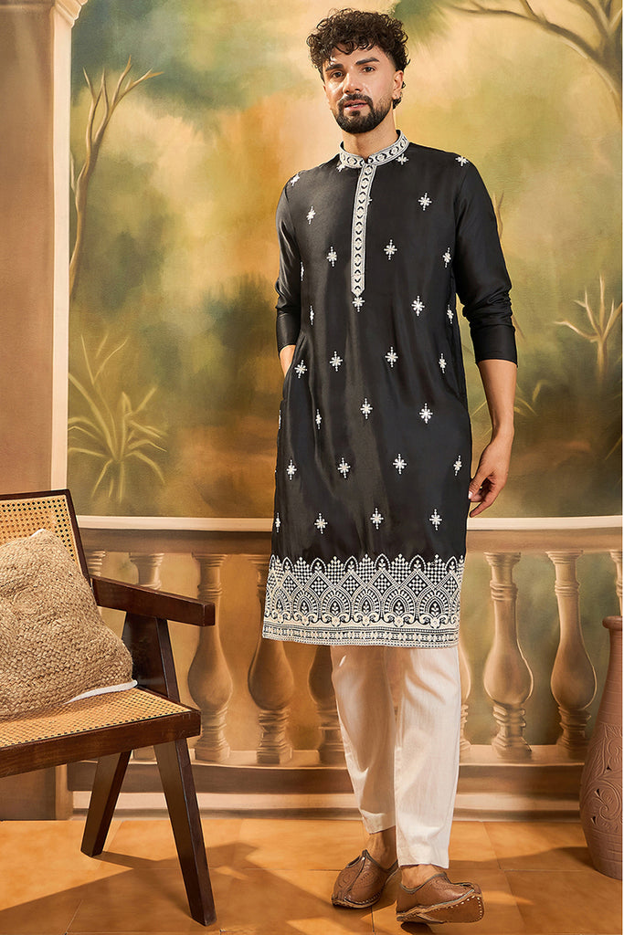 Black Silk Blend Solid Embroidered Straight Kurta with Trouser MKSET1441