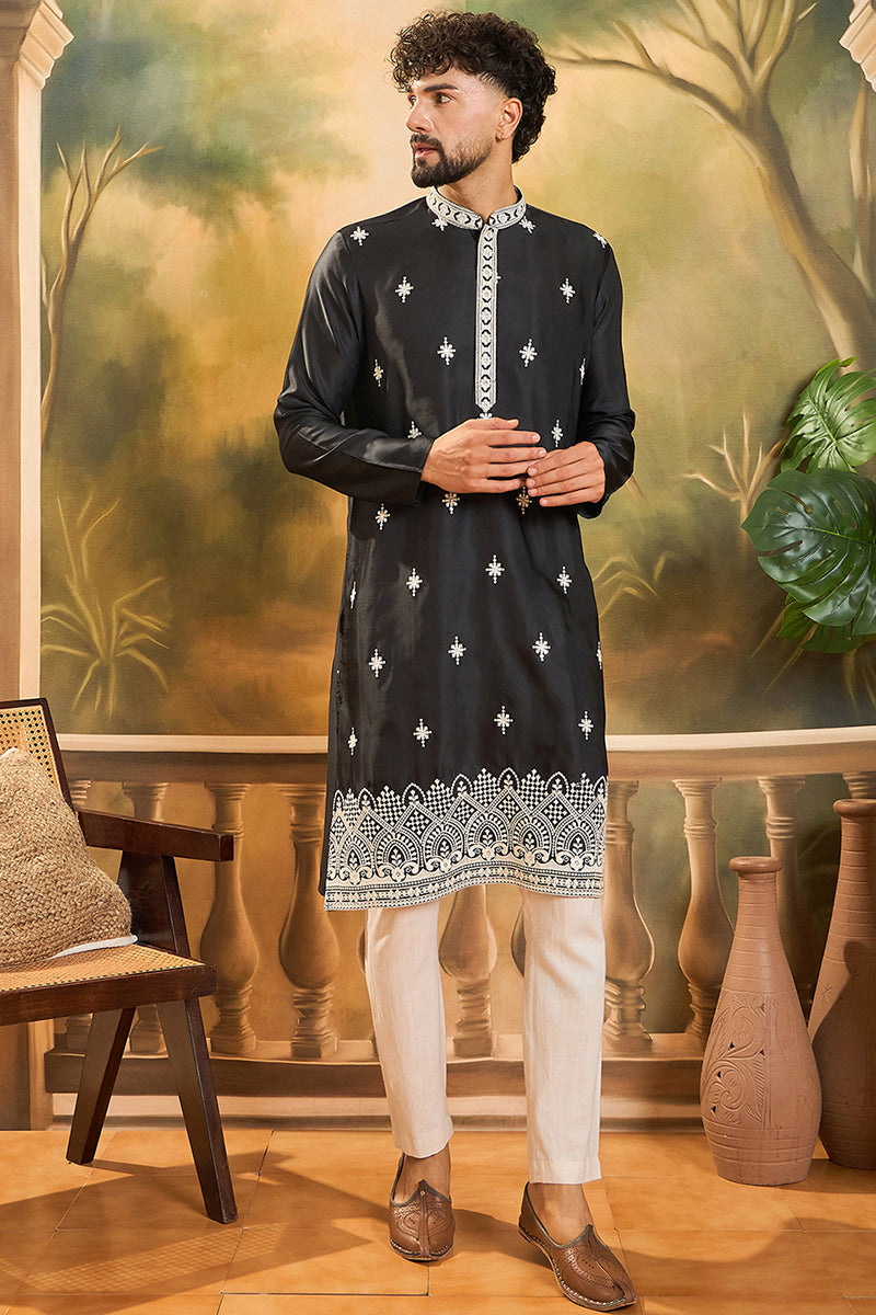 Black Silk Blend Solid Embroidered Straight Kurta with Trouser MKSET1441