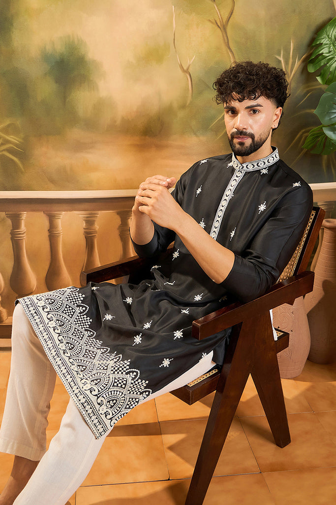 Black Silk Blend Solid Embroidered Straight Kurta with Trouser MKSET1441