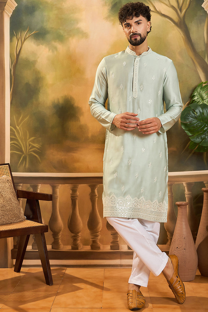 Green Silk Blend Solid Embroidered Straight Kurta with Trouser MKSET1450