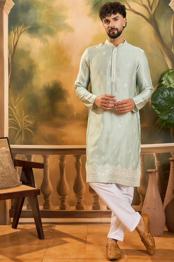 Green Silk Blend Solid Embroidered Straight Kurta with Trouser MKSET1450