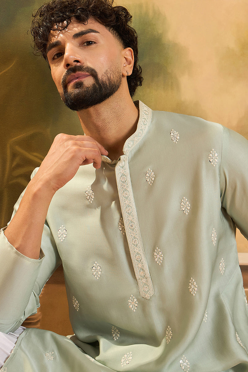 Green Silk Blend Solid Embroidered Straight Kurta with Trouser MKSET1450