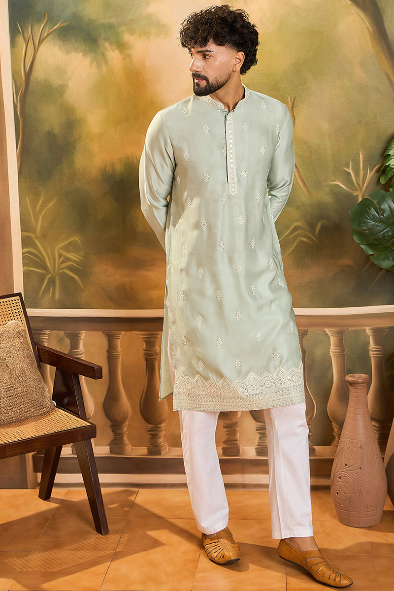 Green Silk Blend Solid Embroidered Straight Kurta with Trouser MKSET1450