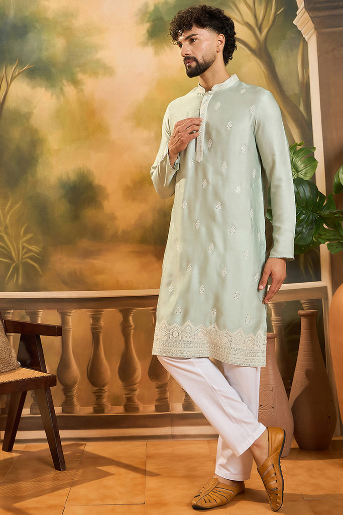 Green Silk Blend Solid Embroidered Straight Kurta with Trouser MKSET1450