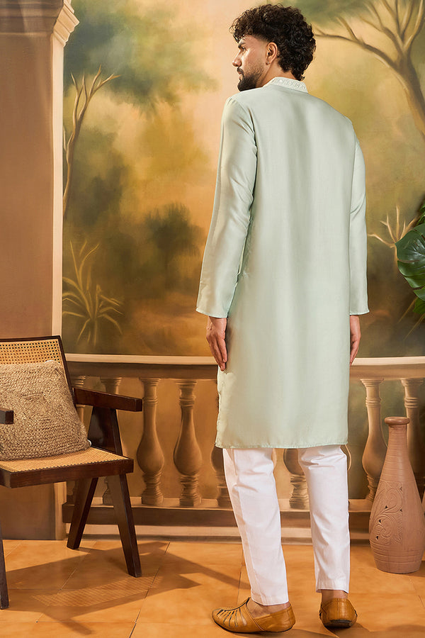 Green Silk Blend Solid Embroidered Straight Kurta with Trouser MKSET1450