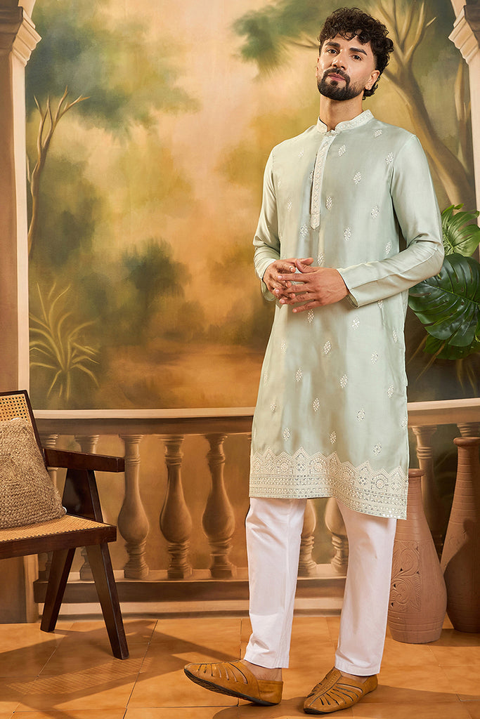 Green Silk Blend Solid Embroidered Straight Kurta with Trouser MKSET1450