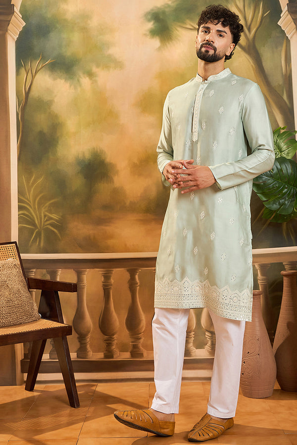 Green Silk Blend Solid Embroidered Straight Kurta with Trouser MKSET1450