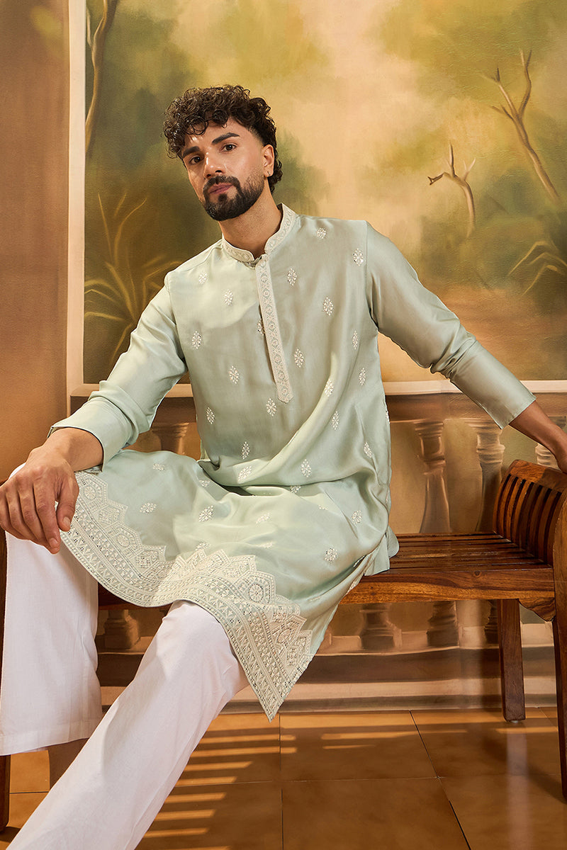 Green Silk Blend Solid Embroidered Straight Kurta with Trouser MKSET1450