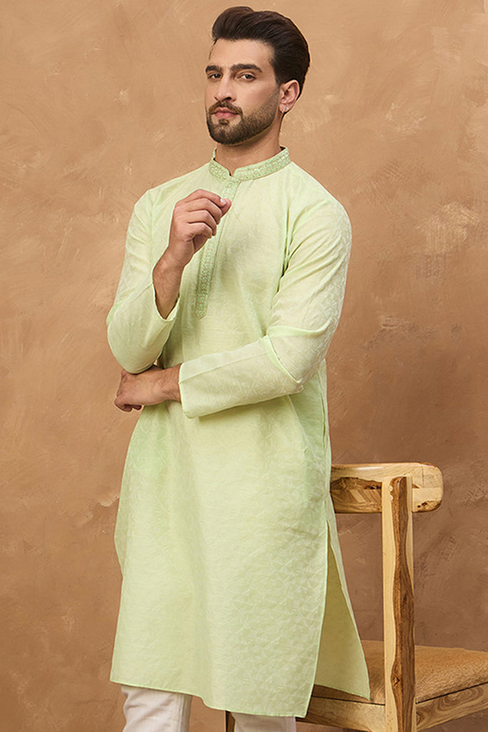 Green Silk Blend Solid Embroidered Straight Kurta With Pant Set MKSET1451