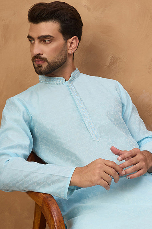 Blue Silk Blend Solid Embroidered Straight Kurta With Pant Set MKSET1452