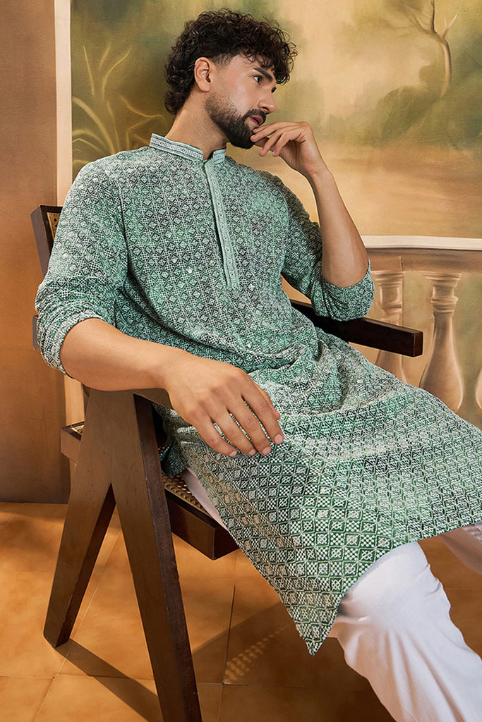 Green Viscose Rayon Shibori Embroidered Straight Kurta with Trouser MKSET1485