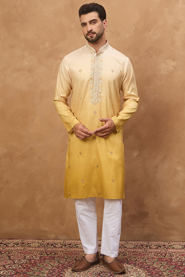 Yellow Silk Blend Solid Embroidered Straight Kurta With Pant Set MKSET1486