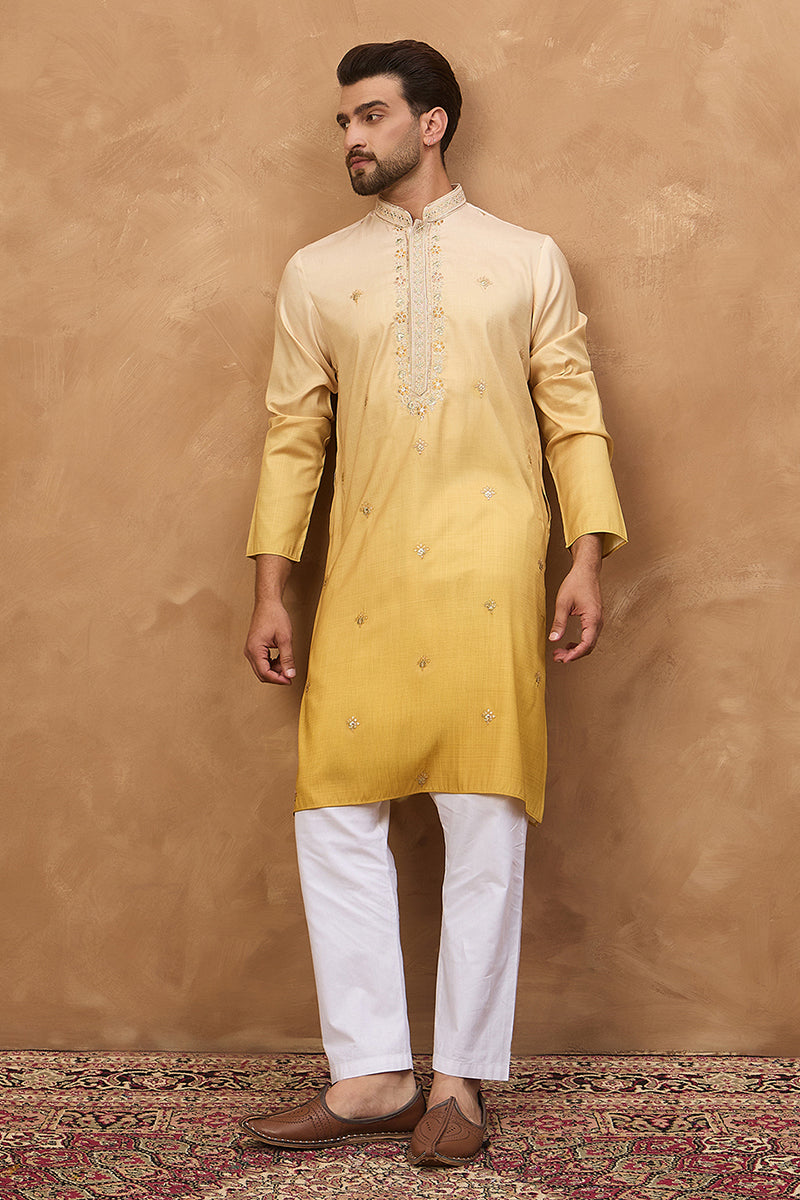 Yellow Silk Blend Solid Embroidered Straight Kurta With Pant Set MKSET1486
