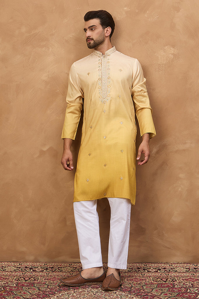 Yellow Silk Blend Solid Embroidered Straight Kurta With Pant Set MKSET1486