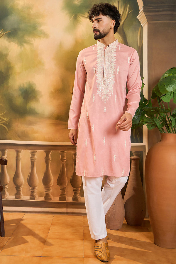Peach Silk Blend Solid Embroidered Straight Kurta with Trouser MKSET1491