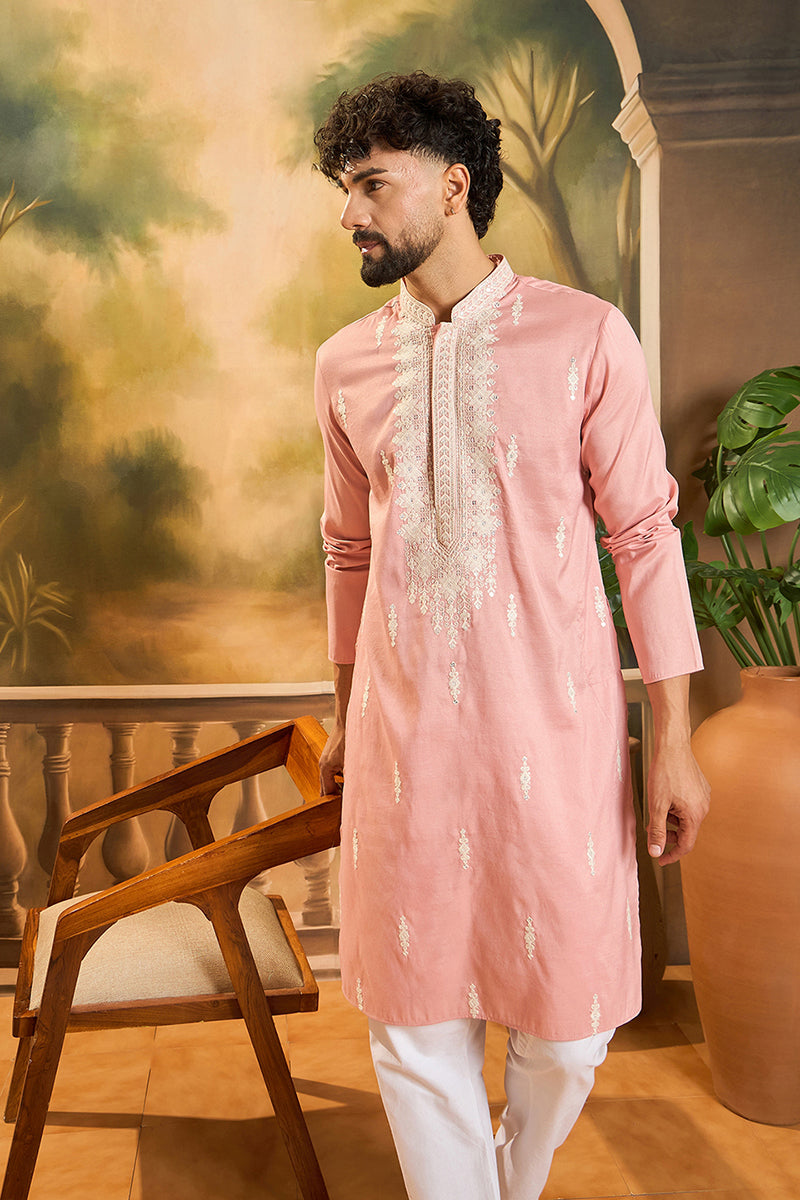 Peach Silk Blend Solid Embroidered Straight Kurta with Trouser MKSET1491