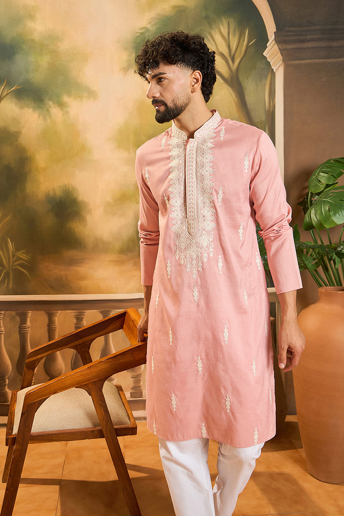 Peach Silk Blend Solid Embroidered Straight Kurta with Trouser MKSET1491