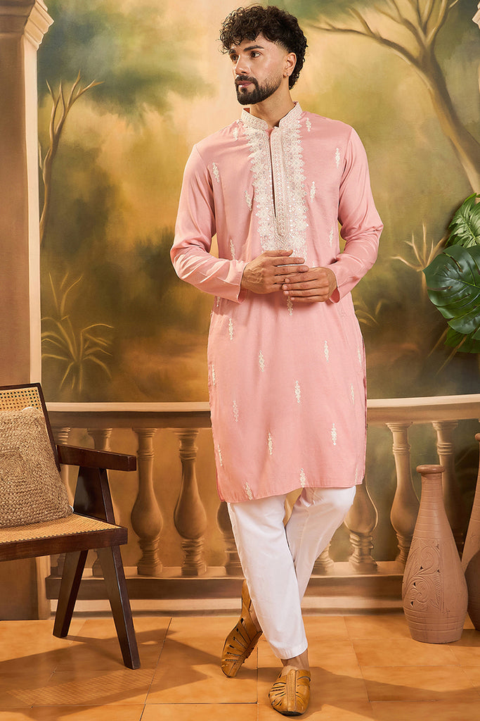 Peach Silk Blend Solid Embroidered Straight Kurta with Trouser MKSET1491