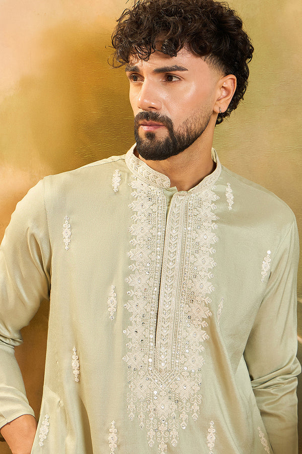 Green Silk Blend Solid Embroidered Straight Kurta with Trouser MKSET1492