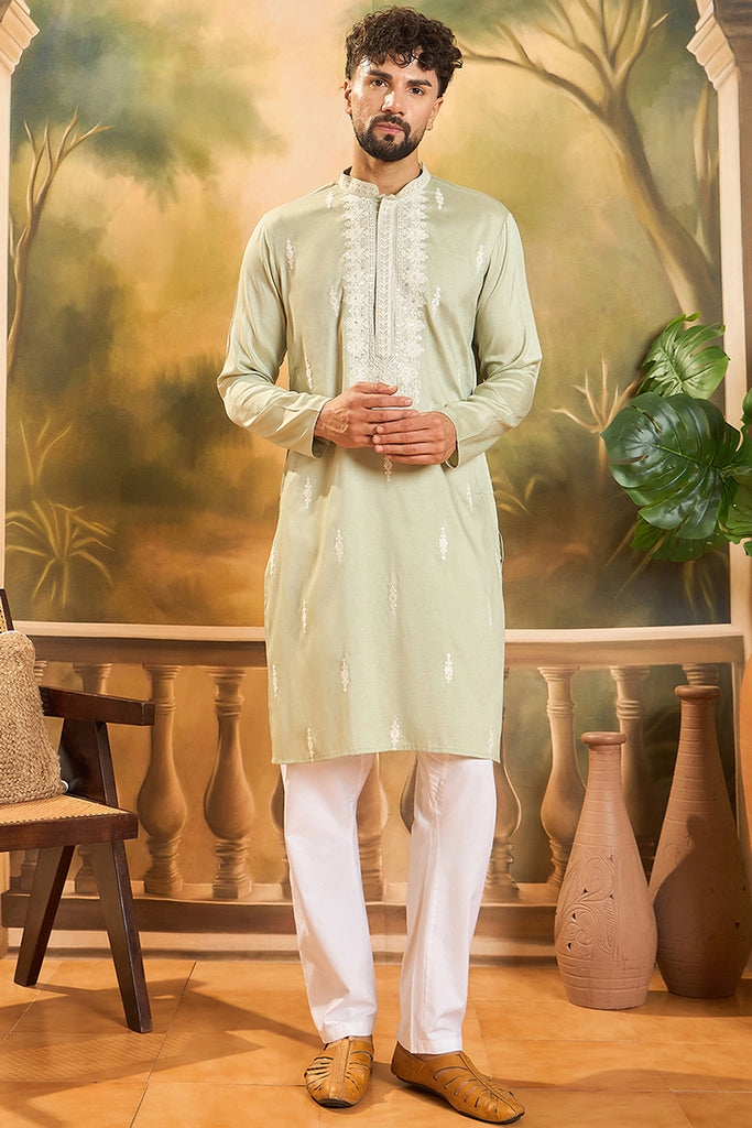 Green Silk Blend Solid Embroidered Straight Kurta with Trouser MKSET1492