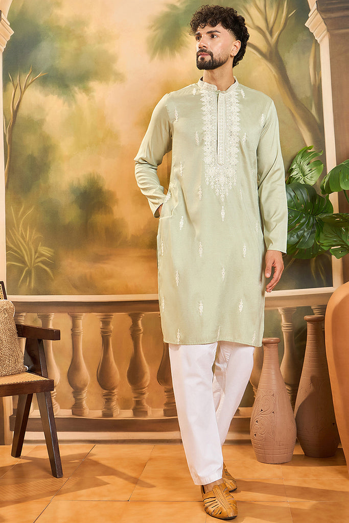 Green Silk Blend Solid Embroidered Straight Kurta with Trouser MKSET1492